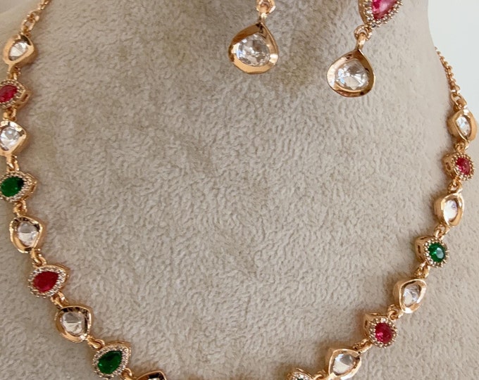 Ruby Green Petite size Kundan Jewelry Moissanite necklace /Necklace Moissanite chain /Indian Bridal Jewelry/Diamond Necklace Gift for Her