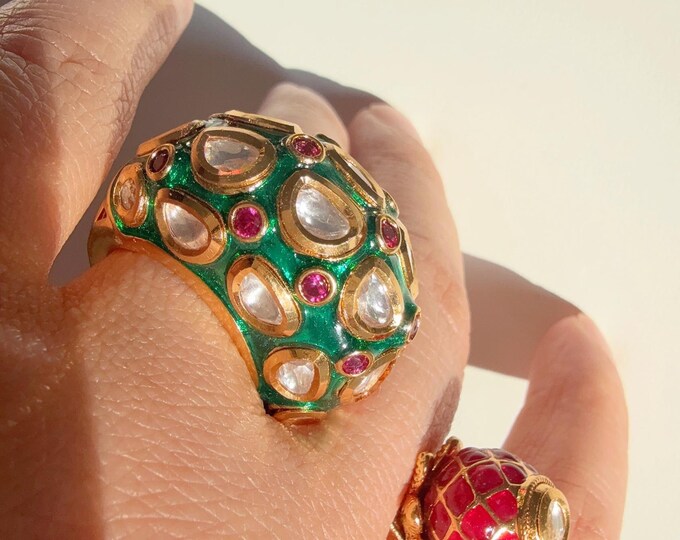 Bridal Kundan Ruby Green Moissanite  diamond Ring/Adjustable Ring/Double Finger Kundan Ring /Indian Wedding jewelry/Two Finger Kundan ring