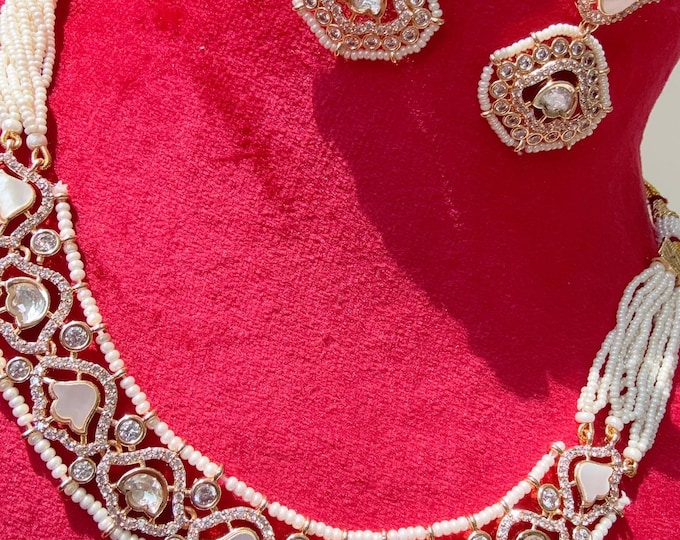 Classy  kundan Moissanite Mother of pearl necklace Set/Kundan Moissanite Necklace/Indian wedding jewelry//wedding Necklace