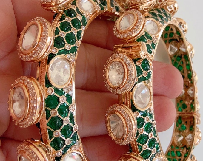 Openable Moissanite kundan bridal green Bangles / Cz stone Moissanite green kada /Emerald Green Kundan Kada  Moissanite Polki Diamond