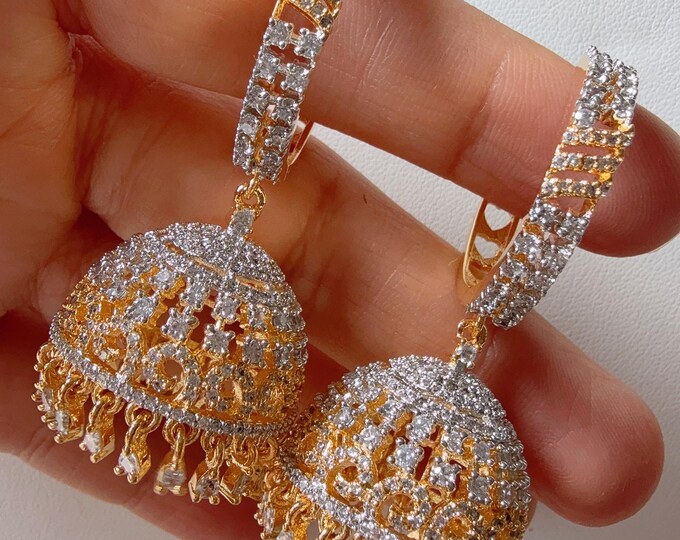 2 Tone gold  jhumka bali Earrings/ Indian Jewelry Indian Earrings/American Diamond jhumka hoops Earrings/Indian jhumka