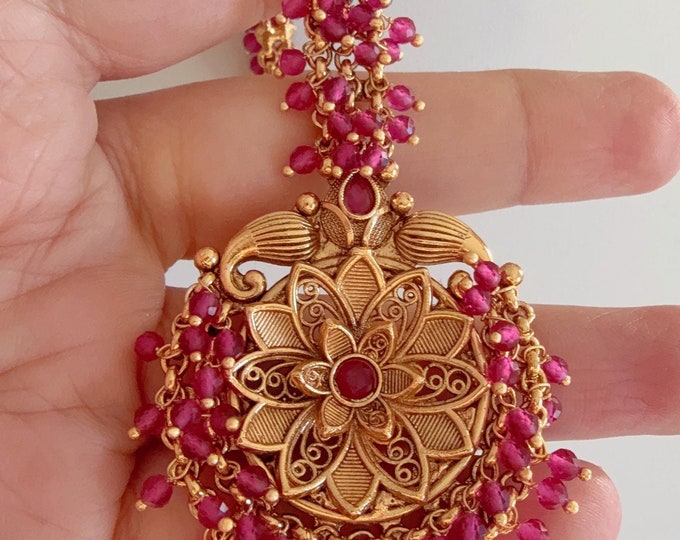 Pearl Clusters Gold Plated Tikka/ Antique Ruby maang tikka/Gold Maang tika /Indian Maangtikka/Temple tikka/Indian jewelry/Bridal Maang tikka