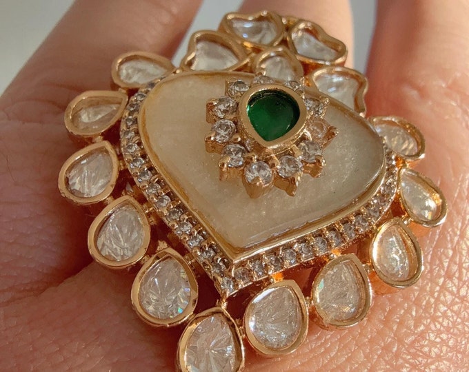 Bridal Kundan Moissanite  diamond Ring/Moissanite Mother of Pearl emerald Ring/Finger Kundan Statement Ring /Indian Wedding jewelry/