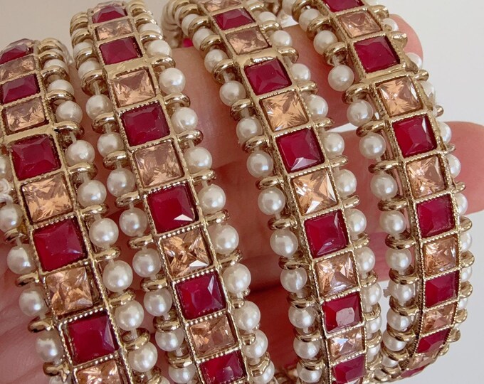 Ruby Kundan Bangles/Polki Kundan  Pearl Bangles Set(4 Pc) /Indian Jewelry/ Kundan Bangles/Ruby  kundan bangles/Indian Bangles
