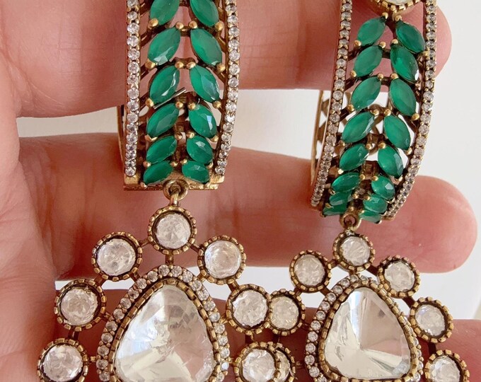 Moissanite Emerald kundan hoops Earrings/Elegant Statement Jewelry/Antique Gold Finish Moissanite Polki Earrings/Bridal Diamond earrings