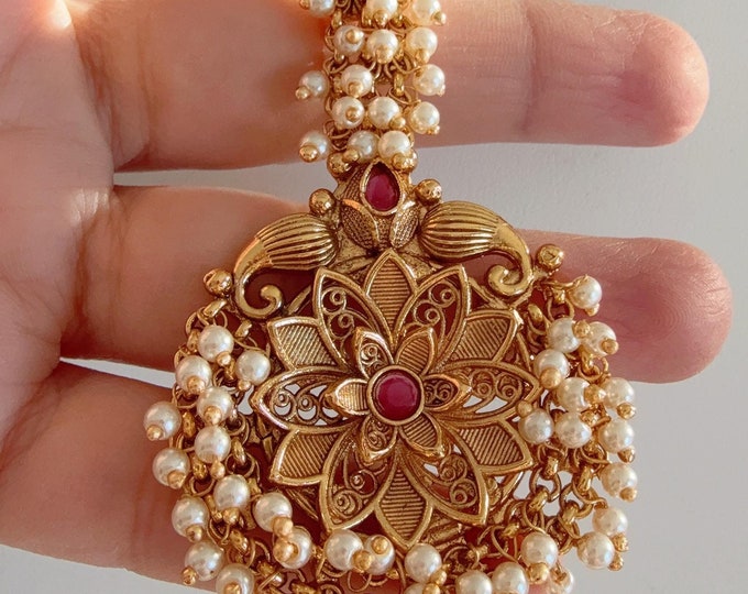 Pearl Clusters Gold Plated Tikka/ Antique Ruby maang tikka/Gold Maang tika /Indian Maangtikka/Temple tikka/Indian jewelry/Bridal Maang tikka