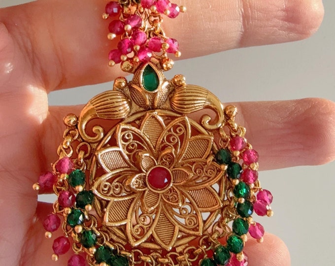 Pearl Clusters Gold Plated Tikka/ Antique Ruby green Bridal maang tikka /Indian Maangtikka/Temple tikka/Indian jewelry/Bridal Maang tikka