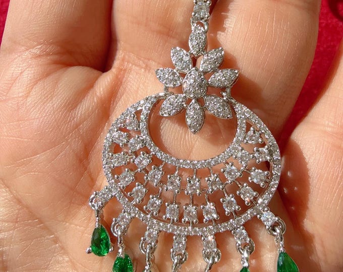 Diamond Rhodium silver Green Maang tikka/ Indian Wedding Jewelry/ Matha patti/ Indian forehead jewelryDiamond Tikka Indian Jewelry