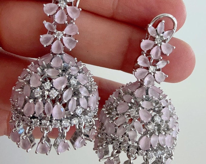 Baby Pink Silver  Luminous diamond  jhumka Earrings next to real / Indian Jewelry Indian Earrings/ silver Diamond baby pink Earrings