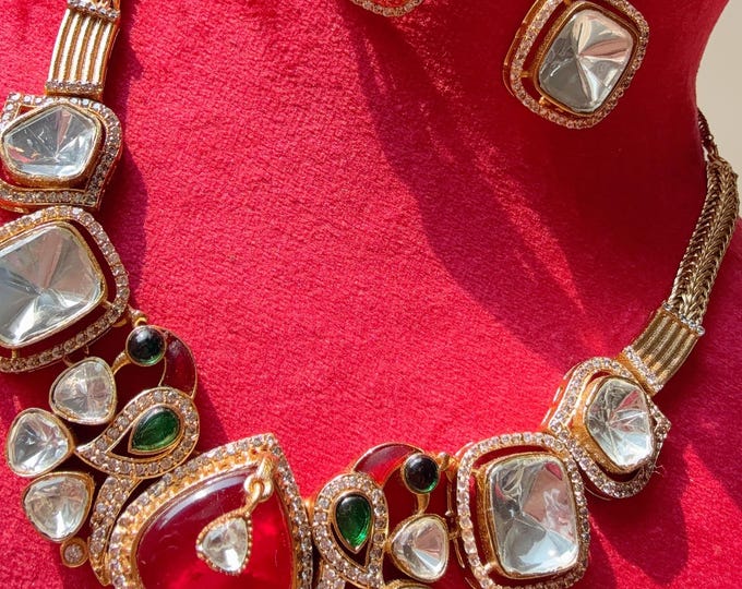 Fine Gold Finish Doublet Stones Uncut Moissanite Kundan Ruby green Peacock necklace/bridal Moissanite Kundan Necklace /Indian Bridal Jewelry