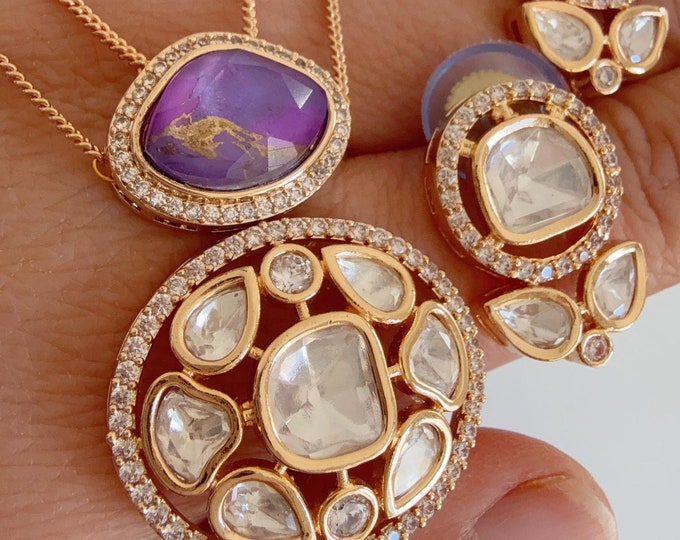 Premium Moissanite Light purple fire stone Pendant Set/Kundan Stone Double Layer Necklace/Indian Bridal Jewelry/Moissanite  Wedding Jewelry