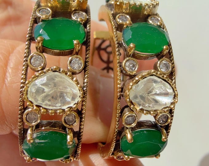 Moissanite diamond hoops Bali diamond hoops/Moissanite  precious Stone green Emerald  diamond Kundan bali hoops /American Diamond Hoops