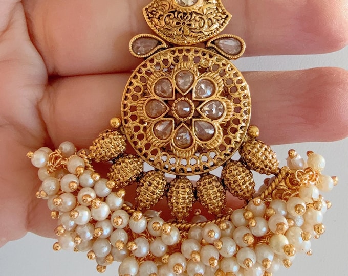 Pearl Clusters Gold Plated Tikka/ Antique  maang tikka/Gold Maang tika /Indian Maangtikka/Temple tikka/Indian jewelry/Gold  Maang tikka