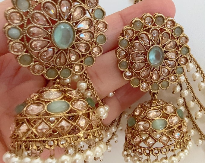 Antique polki Kundan bahubali Mint Earrings Set  With detachable Earchain Sahare /Mint Jhumka Polki Earrings / Indian Jewelry