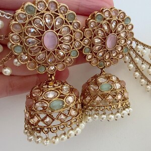 Pendientes Bahubali Mint rosa jhumka Set con earchain desmontable Sahare /Pendientes de declaración rosa menta/Jhumka nupcial