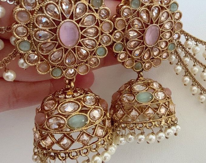 Antique polki Kundan bahubali  Mint pink  Earrings Set  With detachable Earchain Sahare /Mint Pink Jhumka Polki Earrings / Indian Jewelry