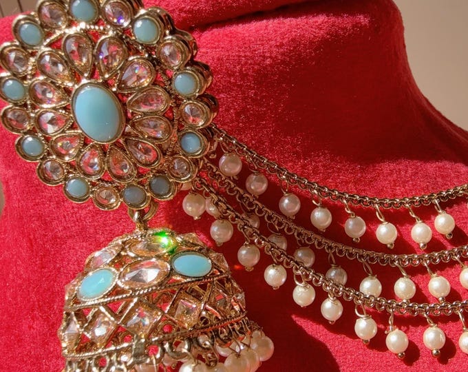 Antique polki Kundan bahubali  Turquoise  Earrings Set  With detachable Earchain Sahare /Turquoise Jhumka Polki Earrings / Indian Jewelry