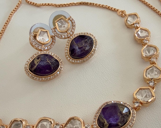 Polki Kundan purple Jewelry Moissanite  necklace set/ Kundan fire  Stone purple choker/ Indian Bridal Jewelry/Indian Wedding jewelry