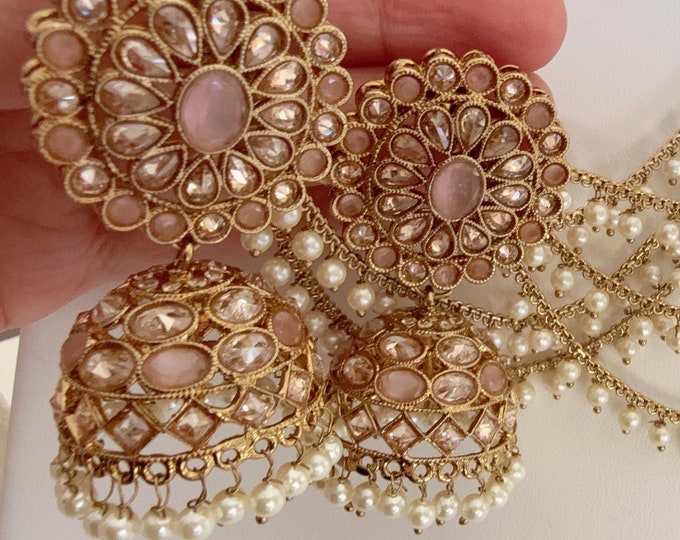 Antique polki Kundan bahubali Baby pink  Earrings Set  With detachable Earchain Sahare /baby pink Jhumka Polki Earrings / Indian Jewelry