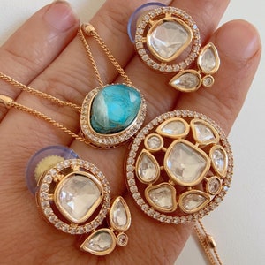 Premium Moissanite Firoza Pendant Set/Kundan stone Double Layer Necklace/ Indian Bridal Jewelry/Uncut Moissanite Kundan Wedding Jewelry