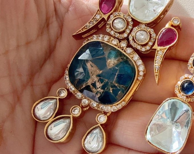 Premium Moissanite fire stone  Pendant Set/Kundan Moissanite fire stone Necklace/Contemporary Fusion Moissanite Kundan Pendant Set