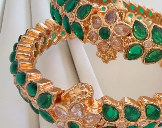 Kemp green Openable Gold kada /Antique gold Kada/Kundan bridal bangles set/Green Kada/Indian bangles Bracelets
