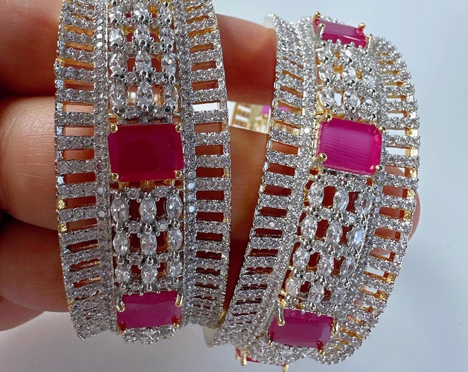 2 Tone American diamond Ruby wide kada  bangle/ Cz stone rose gold kada/2 tonegold bracelet/indian bangles/Indian Jewelry