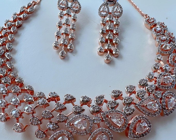 Rose gold Necklace diamond choker necklace  /Indian jewelry/ CZ Choker/Bridal choker/Diamond choker/ Indian Necklace/Rose diamond choker