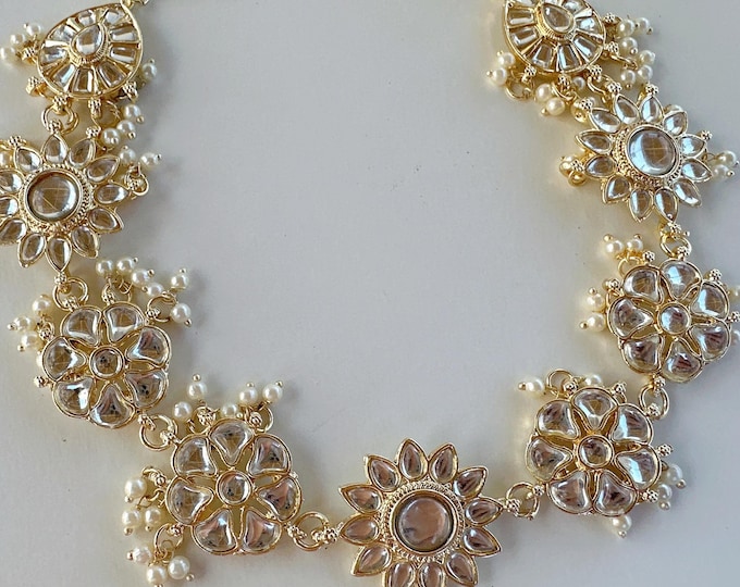 Kundan Pearl Sheesh Phool/matte gold Kundan Head Band/Bridal Matha Patti/Sheesh patti//Indian Bridal Jewelry/Matha phool