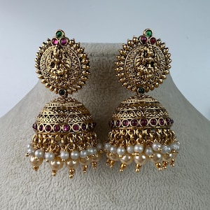 Gold plate  Ruby green Jhumka /Earrings Temple Jewelry /Wedding special Gold Jhumkas /Indian wedding/Kundan Jhumka