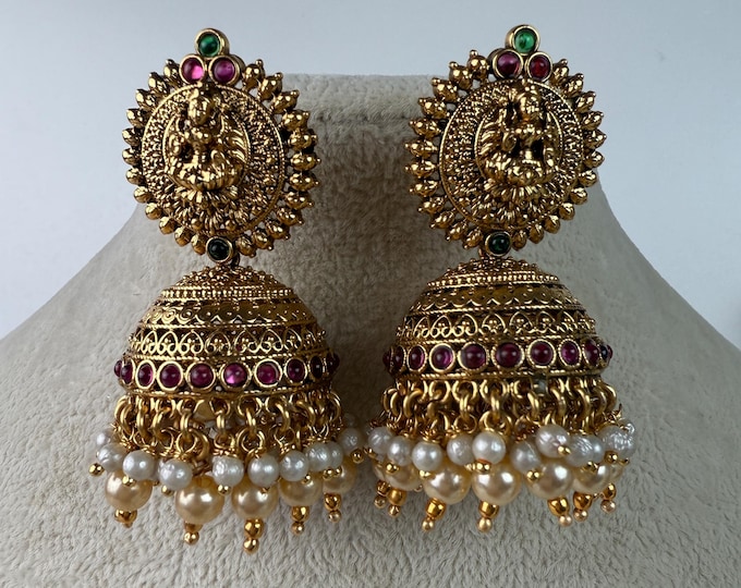 Gold plate  Ruby green Jhumka /Earrings Temple Jewelry /Wedding special Gold Jhumkas /Indian wedding/Kundan Jhumka