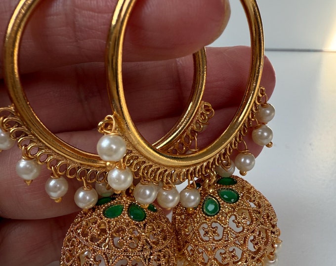 Kundan Polki green hoops Earrings/ Punjabi Bali Hoops /Indian Earrings/ Indian Wedding Sangeet Jewelry / Kundan Jhumka //Bridesmaid Jewelry
