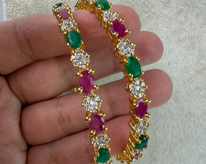 Gold American diamond bangle pair / Cz stone Ruby Green bangles /indian bangles/Indian Jewelry /bridal jewelry/CZ Ruby green diamond bangles