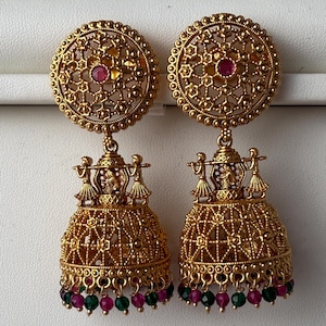 Gold plate  doli Baraat Ruby Green Jhumka /Earrings Temple Jewelry /Wedding special Gold Jhumkas /Indian wedding/Kundan Jhumka