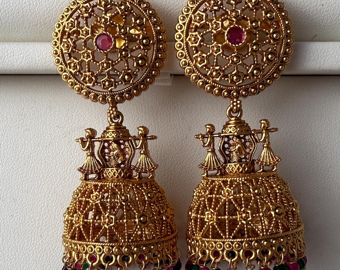 Gold plate  doli Baraat Ruby Green Jhumka /Earrings Temple Jewelry /Wedding special Gold Jhumkas /Indian wedding/Kundan Jhumka