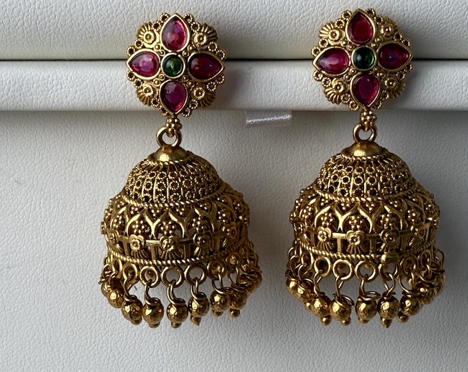 Kemp Gold plated Ruby green  jhumka /gold plated Earrings  / Dangle Drop gold Jhumkas /Indian wedding/Kundan Jhumka/ Bridal wedding jhumka