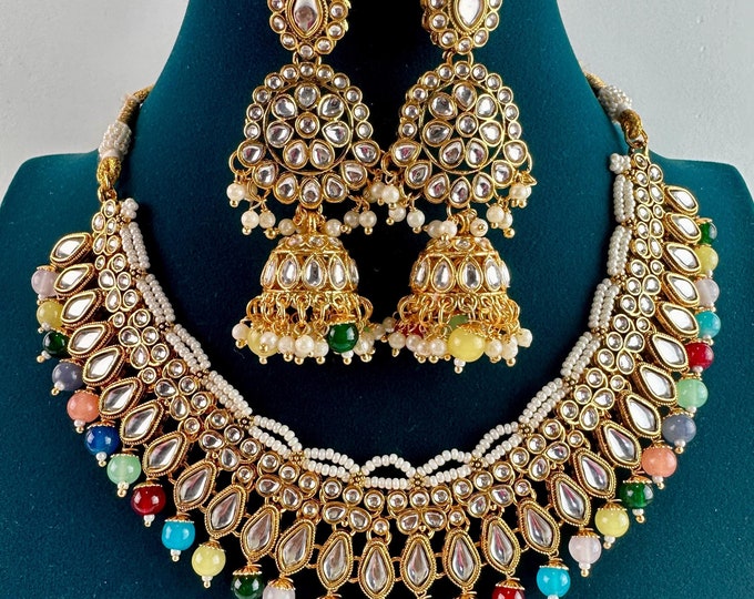 Multi color Kundan Necklace Set with long jhumka and Tikka  /Kundan Choker/bridal necklace/Indian wedding jewelry/Bridal necklace set