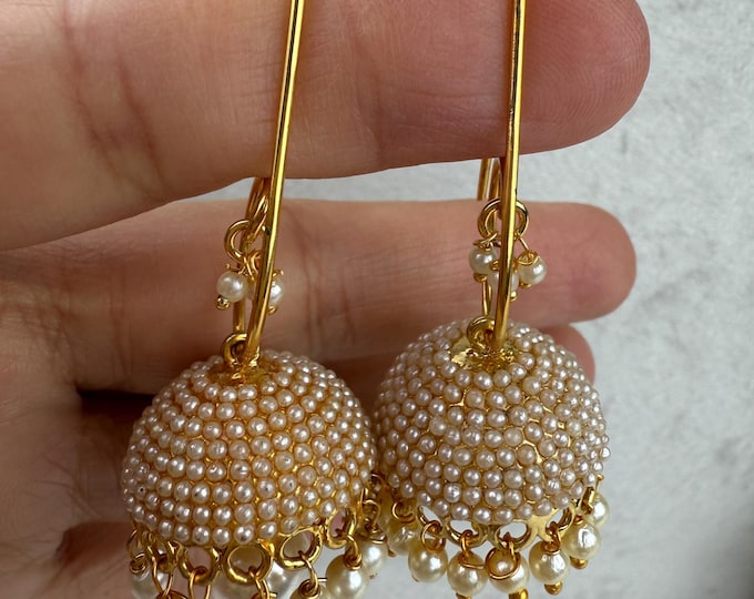Gold Moti bali wire hoops Earrings/ Punjabi Bali Hoops /Indian Earrings/ Indian Wedding Sangeet Jewelry / Kundan Jhumka /Bridesmaid Jewelry