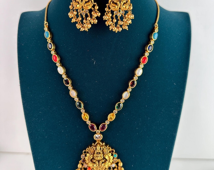 Navarathna Long necklace Pendent set   /Guttapusalu necklace /Temple jewelry/South Indian jewelry/Indian Wedding jewelry