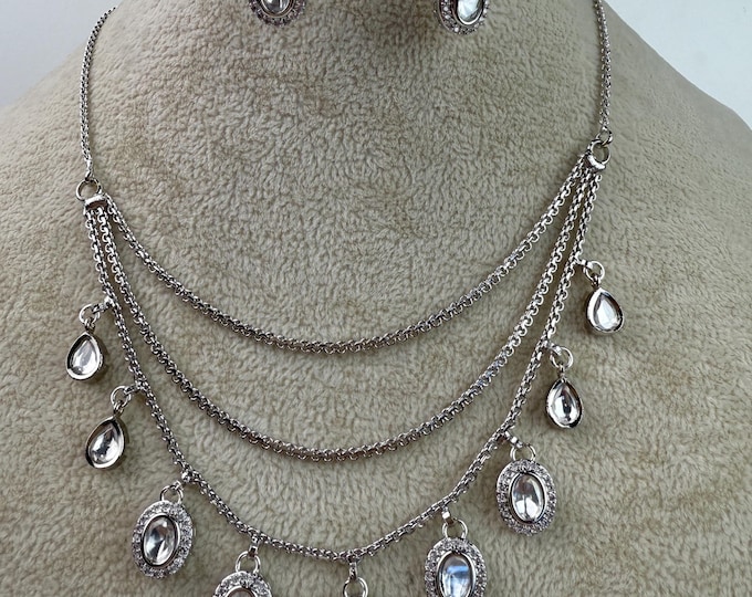 Polki Kundan silver multi layer petite  necklace/Polki Kundan Stone Necklace /kundan multi layer choker/Indian Wedding jewelry