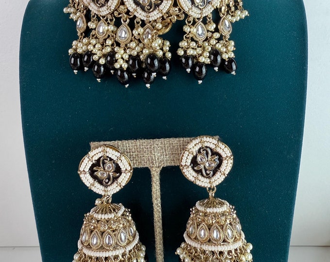 Black choker /Pearl Kundan Necklace Set with long jhumka /Kundan Black  necklace Choker/bridal necklace/Indian wedding jewelry/