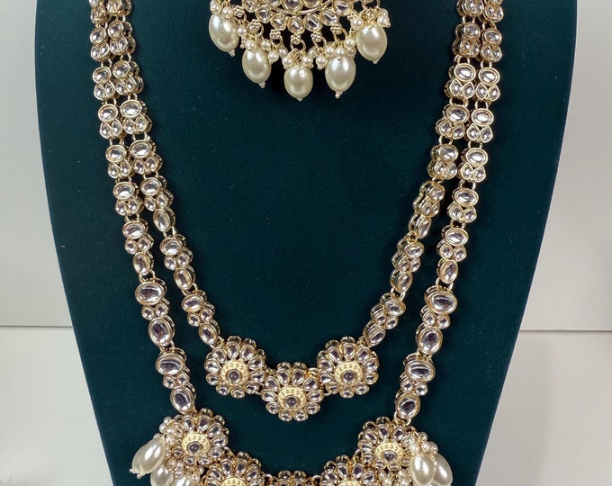 Long Kundan Necklace Set with earrings  Tikka  /Kundan long Haar/bridal necklace/Indian wedding jewelry/Bridal necklace set