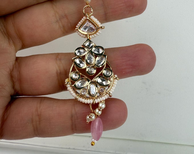 Kundan Baby Pink Maang tikka/ Indian Wedding Jewelry/ Pakistani Jewelry/ Matha patti/ Indian forehead jewelry/Indian Jewelry