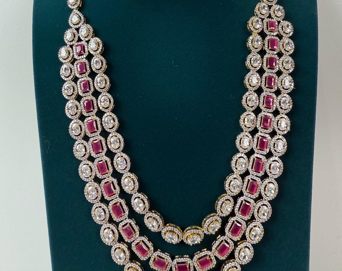 Ruby Diamond Long necklace Haar/ CZ Diamond triple layer  Necklace Statement Necklace /Indian jewelry/ long necklace/Ruby  diamond necklace
