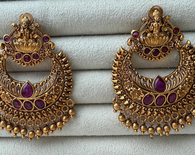 Kemp Gold plated Ruby chandbali jhumka /gold plated Earrings  /Temple jewelry/ gold Jhumkas /Indian wedding/Kundan Jhumka/