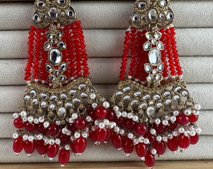 Kundan Chandbali Moti Bandai Earrings /Red chandbali earrings/Pearl drop earrings /Bridesmaid Earrings