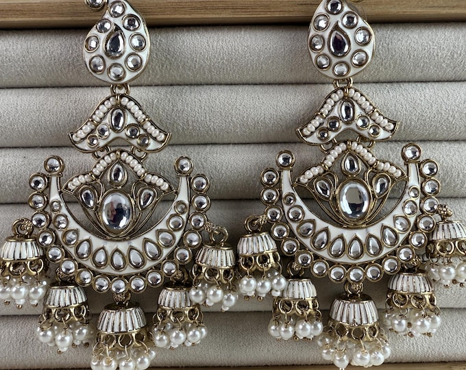 Gold Pearl Meenakari  Kundan jhumka chandbali Earrings/Kundan chandbali /Bridal earrings/Pearl drop earrings /Bridesmaid Earrings