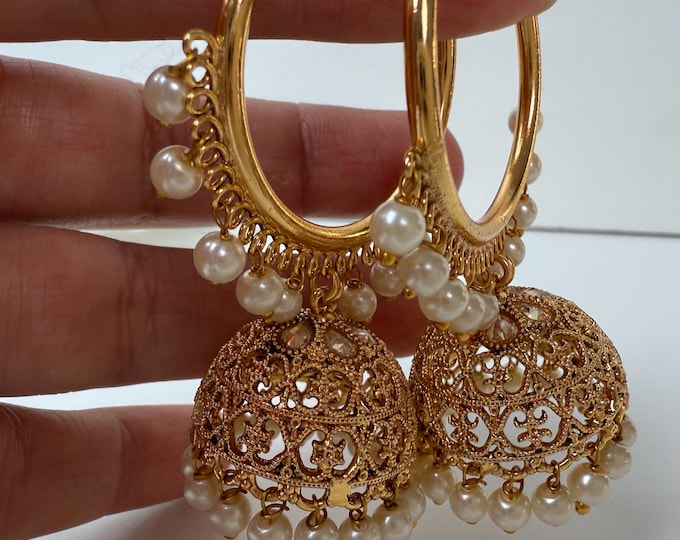 Kundan Polki gold hoops Earrings/ Punjabi Bali Hoops /Indian Earrings/ Indian Wedding Sangeet Jewelry / Kundan Jhumka //Bridesmaid Jewelry