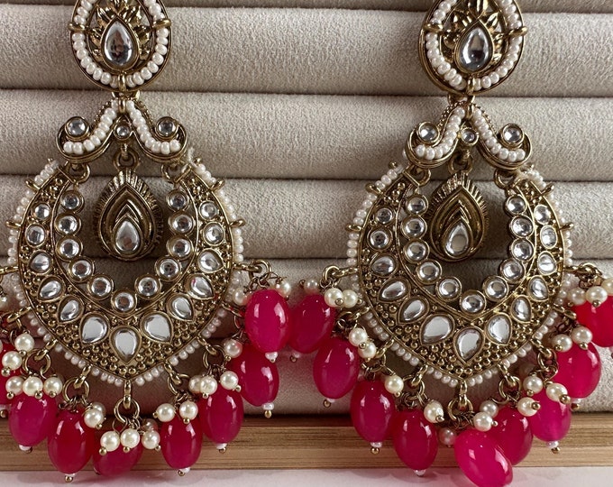 Magenta  gold Pearl Kundan chandbali jhumka/Kundan Earrings /Statement earrings /Bridal earrings/Pearl drop earrings /Bridesmaid Earrings