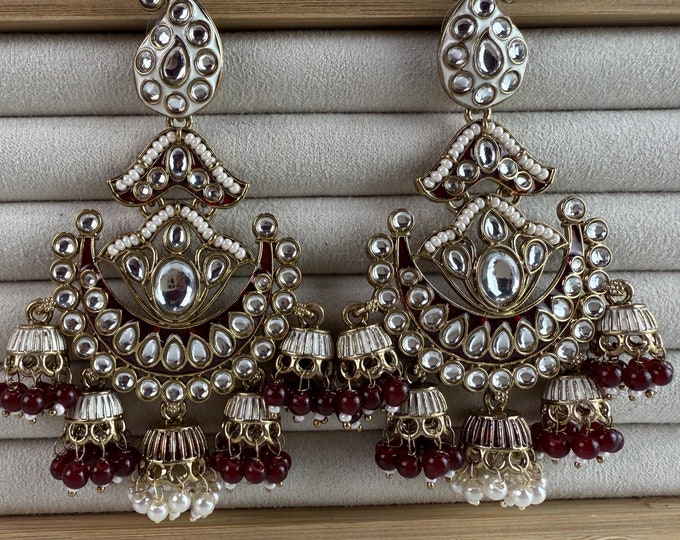 Maroon  Kundan jhumka chandbali Earrings/Kundan chandbali /Bridal earrings/Pearl drop earrings /Bridesmaid Maroon  Earrings